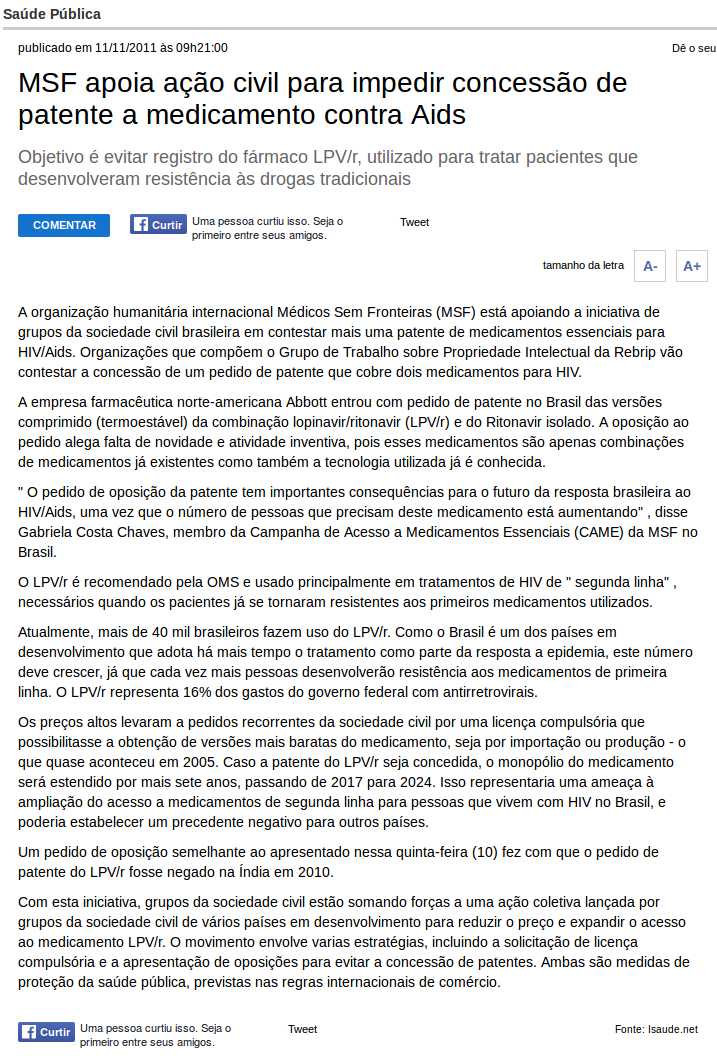 saudenet_MSF_apoia_acao_civil_para_impedir_patente_2011